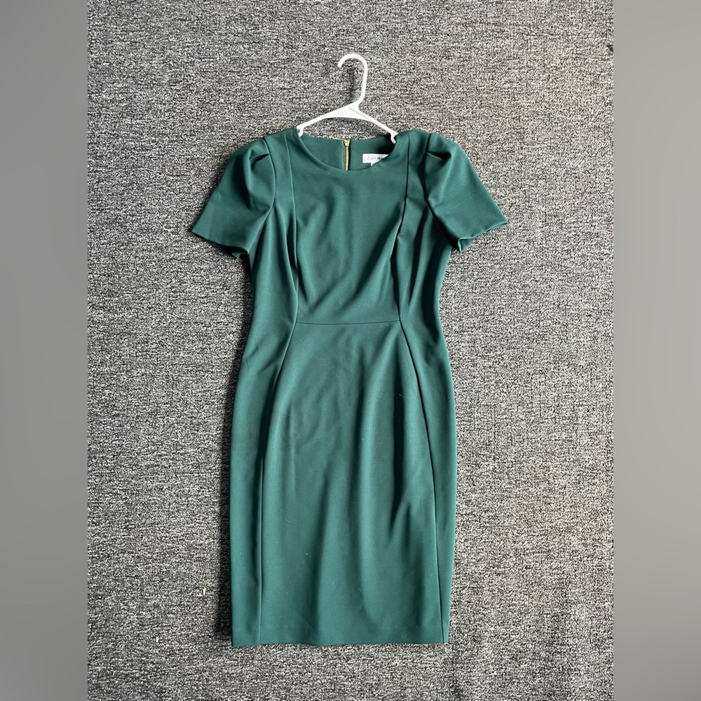 Calvin Klein Olive Green Midi Sheath Dress with Puff Sleeves and Gold Zipper